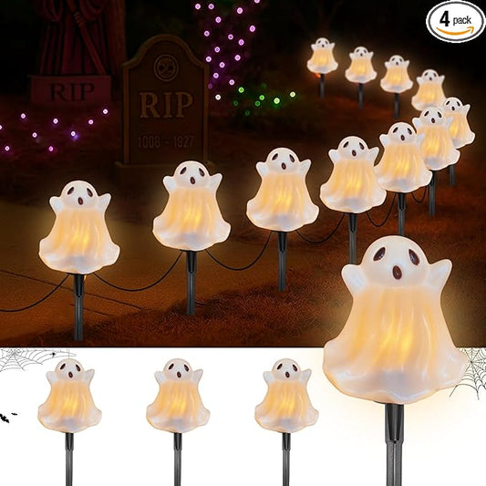 Halloween Pathway Lights Outdoor Decorations, 4PCS 3D Light-Up Ghost Garden Stake Lights, Waterproof Outdoor Lights for Yard, Lawn, Driveway, Halloween Decor