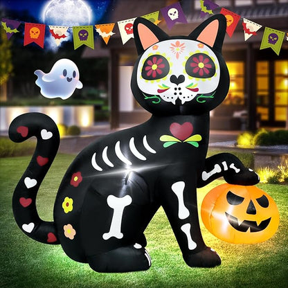 5FT Skeleton Cat Halloween Inflatable Decoration Pumpkin Decor Spooky Halloween Blow Up Decor for Parties with LED Lights Indoor Outdoor Holiday Yard Graden Decoration