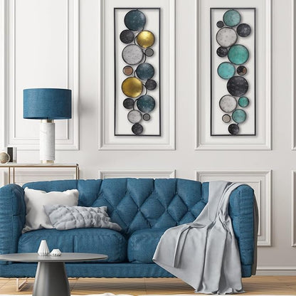 Adeco 35.2" Modern Wall Sculpture, Abstract Floating Patterned Shapes Rectangle Frame Metal Wall Decoration, Set of 2