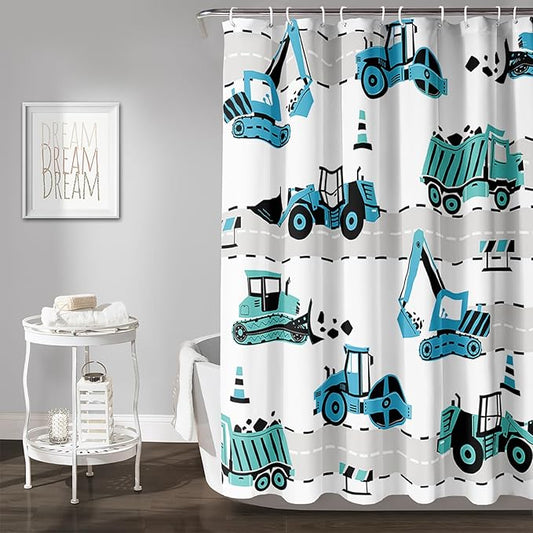 AILONEN Cartoon Kids Truck Shower Curtain,Waterproof Durable,Blue Forklift Truck Excavator Bath Curtain for Boys Girls,Construction Themed Bathroom Decor with 12 Plastic Hooks, 48" W x 72" H