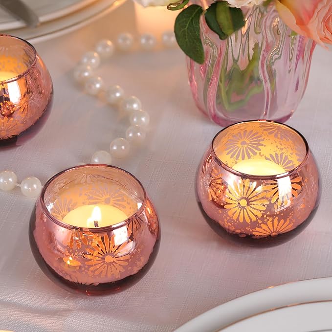 Pink Mercury Glass Votive Candle Holders Set of 12, Round Tealight Candle Holders for Table Centerpieces, Weddings, Shower Gifts, Party Decorations