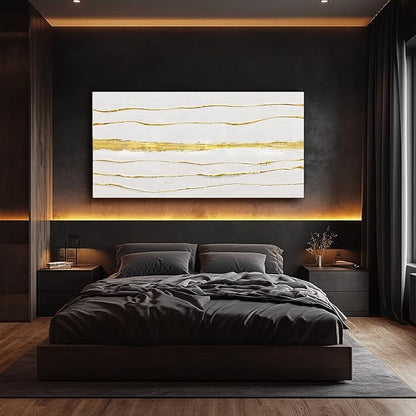 White Textured Wall Art Abstract Line Prints Living Room Wall Decorations Gold Foil Painting Large Framed Wall Decor for Bedroom Hotel 29x58 Inch