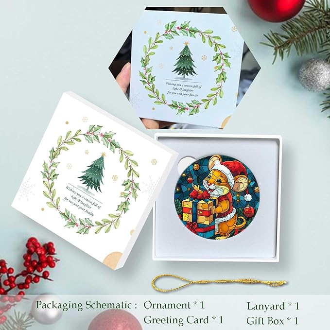 Christmas Mouse Ornament Round Ceramic Stained Glass Style Ornament Joy Xmas Keepsake for Christmas Tree Winter Holiday Xmas Gift for Women Men Xmas Hanging Ornament 3"