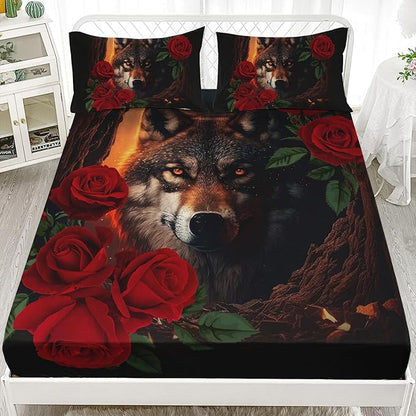 AILONEN Girls Wolf Fitted Sheet Set Twin XL Size, 3 Pieces Bedding Set Red Rose Wolf Sheet Set for Women Teen Kids,Wildlife Bed Sheet Set Wolf Fitted Sheet with 2 Pillowcases