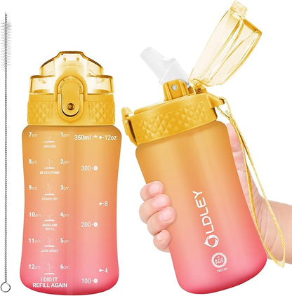 OLDLEY Kids Water Bottle for School, 12 oz (Straw Lid) BPA-Free Reusable Leak-proof Durable Tritan Plastic Water Bottles with One-handed Opening Straw Lids, Anti-dust Spout Cover (Nectarine)