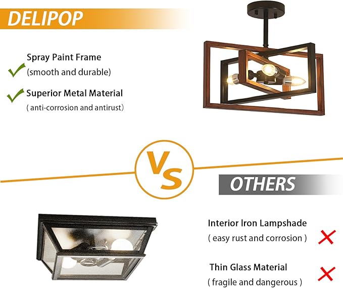 DELIPOP 3-Light Farmhouse Ceiling Light, Industrial Metal Semi Flush Mount Ceiling Light for Dining Room Kitchen Entryway Hallway, Faux-Wood Color Finish