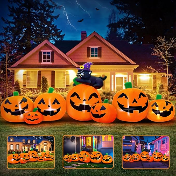 8FT Halloween Inflatables Pumpkin Decorations with Black Cat Decoration Led Light Inflatable Outdoor Decorations Blow up Inflatables for Halloween Holiday Party Lawn Yard Garden Decor