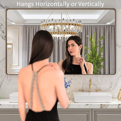 LOAAO 60”X36” Bronze Bathroom Mirrors for Vanity, Rounded Rectangle Brushed Bronze Metal Frame Mirror, Anti-Rust, Tempered Glass, Hangs Horizontally or Vertically