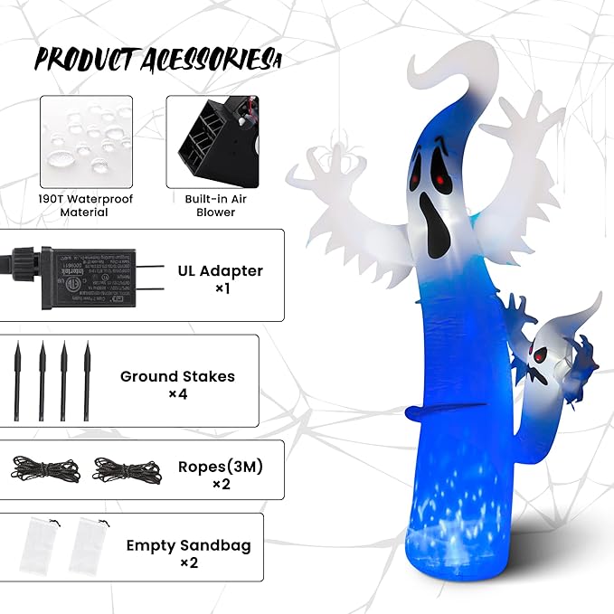 Toodour 8 FT Halloween Inflatables Outdoor Decorations Ghost - Blow Up Yard Decorations for Halloween Party, Built-in Blue LED Disco Lights, Inflatable Ghost Decor for Outdoor Garden Yard Holiday