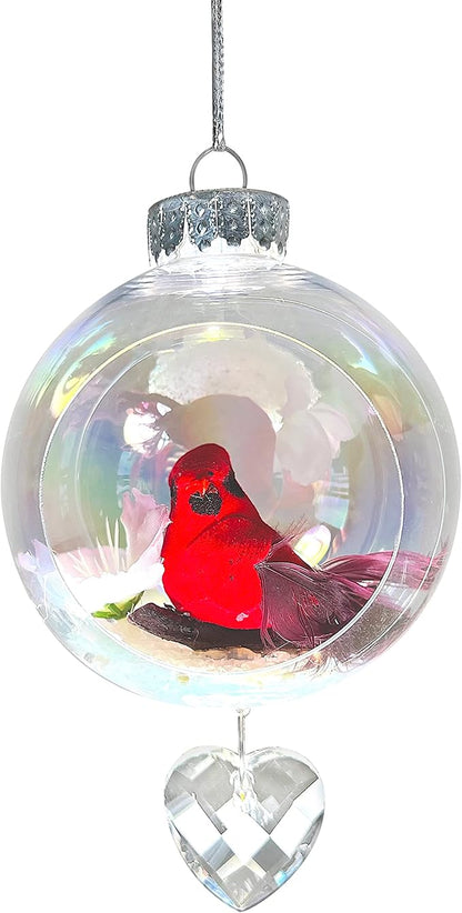 Cardinal Christmas Ornament - Handmade Shatterproof Decorations for Indoor Outdoor Xmas Tree - Clear Ball Ornaments with Magnetic Crystal - Great Gift or Stocking Stuffer for Mom, Sister, Friend