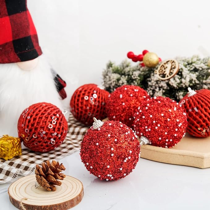 3.15" Christmas Ball Ornaments Glitter Shatterproof Christmas Tree Ornaments Sequin Xmas Hanging Balls Decorations for Wedding Party Holiday(Red, 12pc-8cm)