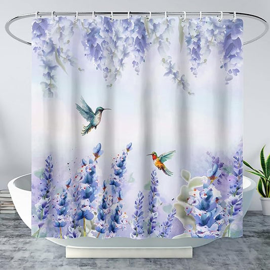 AILONEN Waterproof Floral Shower Curtain for Bathroom,Purple Blue Botanical Wisteria Lavender Flowers Shower Curtain,Watercolor Floral Decor Bathroom Polyester with Grommets and Hooks 72" W*72" H