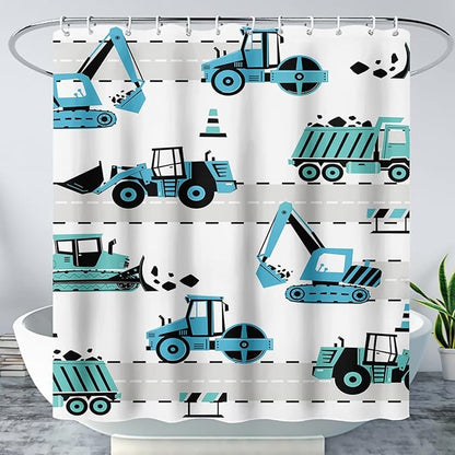 AILONEN Cartoon Kids Truck Shower Curtain,Waterproof Durable,Blue Forklift Truck Excavator Bath Curtain for Boys Girls,Construction Themed Bathroom Decor with 12 Plastic Hooks, 72" W x 72" H
