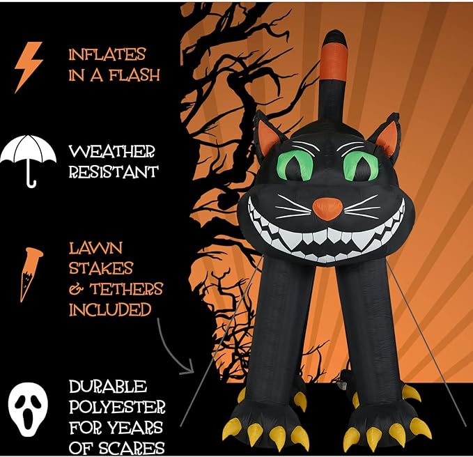 Haunted Hill Farm 10-ft. Black Cat Blow Up with Lights, Halloween Outdoor Decorations for Patio and Yard, Giant Spooky Weather Resistant Outdoor Inflatables for Home or Haunted House