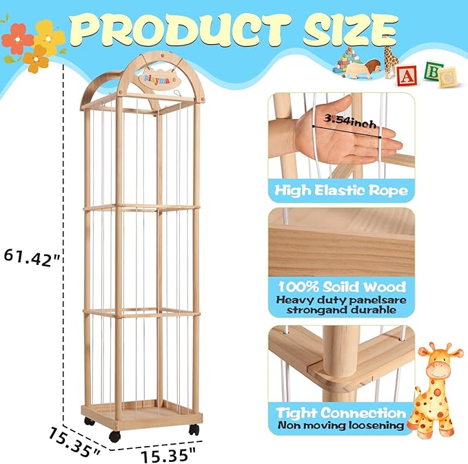 Stuffed Animal Storage & Organizer, 61" High Wooden Zoo Toy Holder for Toddler Rooms, Playrooms & Bedrooms