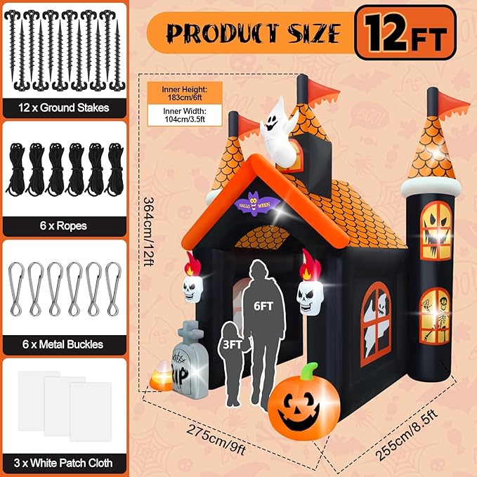 12FT Halloween Inflatable Archway with LED Light, Kalolary Large Haunted House Inflatable Ghost Pumpkin Blow up Tunnel Halloween Outdoor Yard Decoration for Halloween Party Home Lawn Family