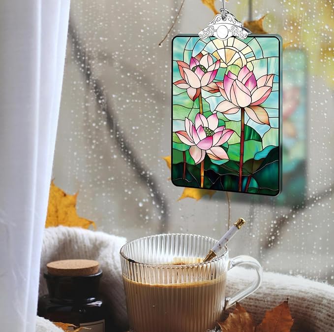 Lotus Flower Stained Glass Ornament, 205 Christmas Tree Hanging Decoration for Zen-Inspired Holiday Decor or Gift Exchange, 3.8 x 2.4 Inch