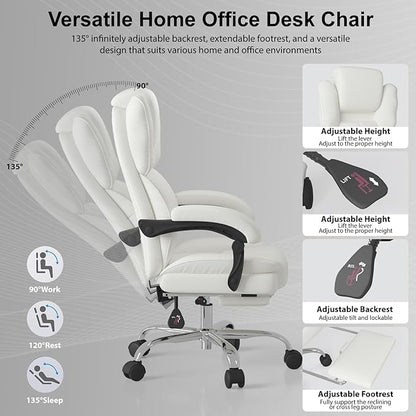 Big and Tall Office Chair, Ergonomic Leather High Back Executive Computer Chair with Retractable Footrest, Adjustable Headrest, Padded Arms, 360°Swivel Free, 90-135°Reclining, 500lbs Wide Seat, White