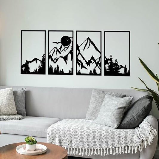 ESTART 4 Pcs Mountain Range Metal Wall Art Decor Summit Metal Wall Sign Rustic Forest Home Decor Sign Mountain Scene Wall Decor Art Hanging for Living Room Bedroom Bathroom Office, 45.3 x 17 Inch