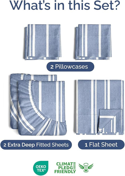 Extra Deep Split King Sheet Set - 7 Piece Breathable & Cooling Sheets - Hotel Luxury Bed Sheets Set - Easy Fit - Soft, Wrinkle Free & Comfy Sheets Set - Blue Striped Sheet Set w/Extra Deep Pockets