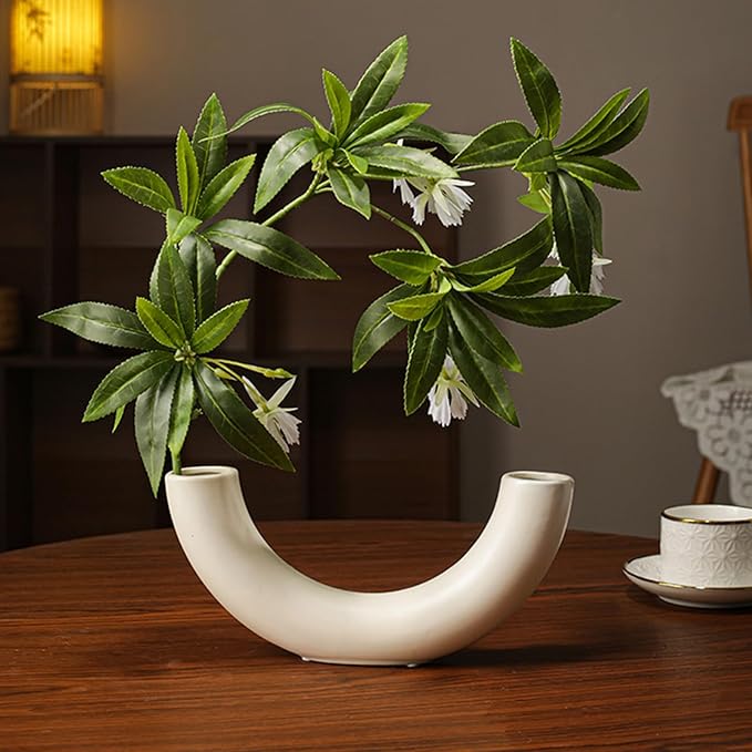 White Ceramic Vases in Nordic Style, Deco Vase for Pampas Grass as Boho Deco, Contemporary Flower Vase with Minimalistic Design for Fresh Flowers(Semicircular)
