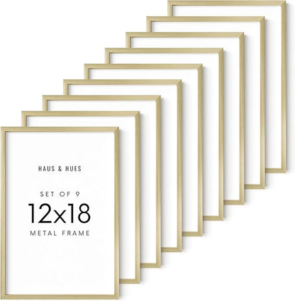 HAUS AND HUES 12x18 Gold Metal Picture Frames - Features Premium Aluminum, Vertical & Horizontal Hang, Shatterproof Plexiglass - Perfect for Home, Room, Office (12x18 in, Gold, Set of 9)