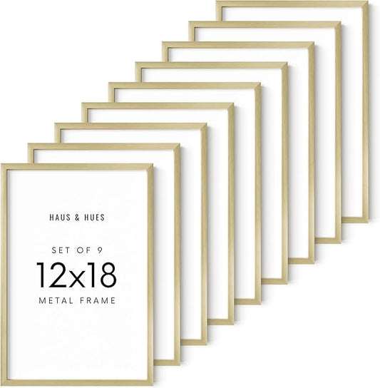 HAUS AND HUES 12x18 Gold Metal Picture Frames - Features Premium Aluminum, Vertical & Horizontal Hang, Shatterproof Plexiglass - Perfect for Home, Room, Office (12x18 in, Gold, Set of 9)