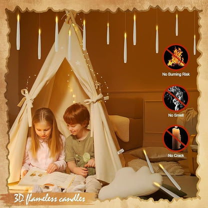 Floating Candles with Wand, 24PCS Hanging Candles with Remote Wand, Warmwhite Flickering Flameless Magic Floating Candle Lights for Halloween Christmas Decorations