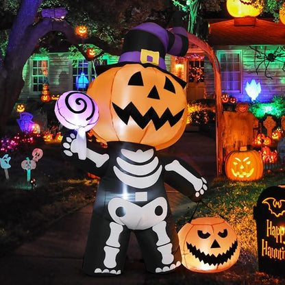 GOOSH 6 FT Halloween Inflatable Pumpkin Skull Body Outdoor Decorations Blow Up Yard Pumpkin with Built-in LEDs for Garden Lawn Party Decor