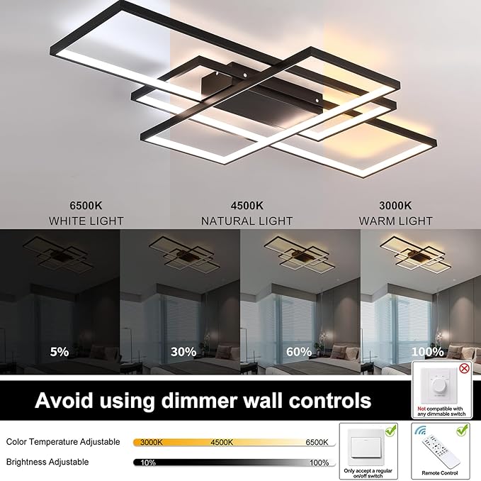 GEADI Modern Large Led Ceiling Light for Living Room,35.4" Black Dimmable Ceiling Lights for Bedroom with Remote Control,3 Rectangular Light Fixtures for Kitchen Dining Room Office, 3000-6500K