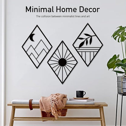 Sokurdeg Boho Metal Minimalist Geometry Wall Art, Black Bohemian Line Metal Art Wall Decor, Modern Abstract Wall Art for Bedroom Bathroom Living Room (3 Pack, 12 x 17 in)