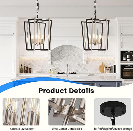 4-Light Silver Chandelier, Farmhouse Lantern Pendant Lighting Fixtures, Industrial Ceiling Light, Adjustable Height Rustic Geometric Hanging Chandelier for Kitchen Island,Entryway,Foyer,E12 Socket