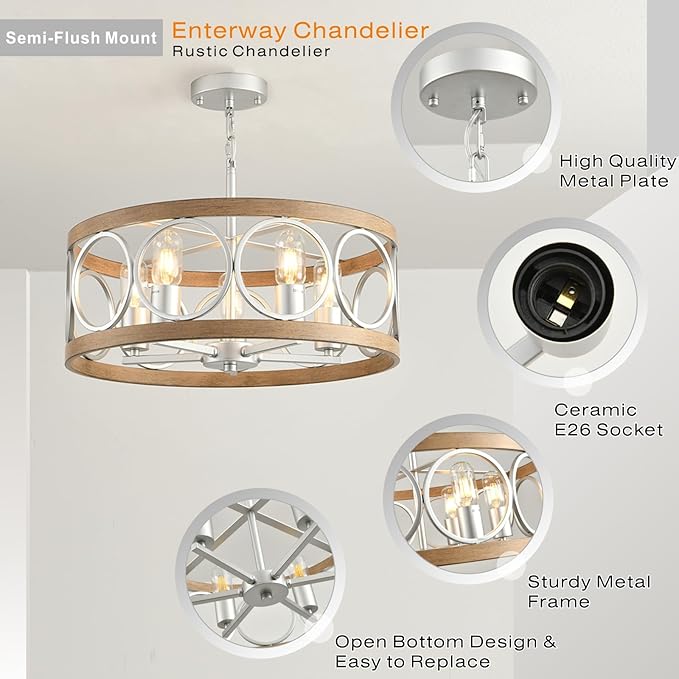 Semi Flush Mount Ceiling Light Fixture,Rustic Vintage 5-Light Chandelier Lighting19.7 (Silver),Wood Grain with Round Metal Shade for Dining Room Hallway Entryway Bedroom Living Room