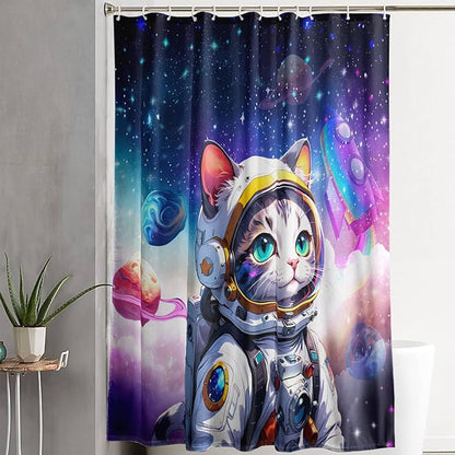 AILONEN Cartoon Astronaut Cat Shower Curtain Set for Kids Boys, Rainbow Rocket Waterproof Fabric Shower Curtain Curtain for Bathroom,Joyful Cat Galaxy Planet Shower Curtain Liner,72" W*84" H