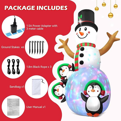 6.3 FT Christmas Inflatable Snowman Outdoor Decoration with Build-in Multicolor LEDs, Snowman with 3 Penguins Blow Up Inflatables Christmas for Yard Garden Lawn Xmas Holiday Decor