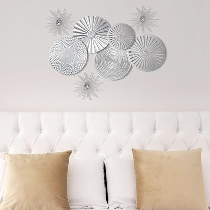 8 Pcs Gold Wall Decor Modern Metal Decor Metal Starbursts Radial Plate Art Hanging Decorative Wall Decorations for Home Bedroom Bathroom Living Room Office Sculpture(Silver)