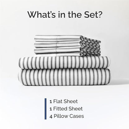 CGK Linens Full 6 Piece Sheet Set - Cooling Sheets for Hot Sleepers - Hotel Luxury Bedding Set with 8-16 Inch Deep Pockets - 1 Flat & 1 Fitted & 4 Pillowcases - Soft and Wrinkle Free - Grey Stripes