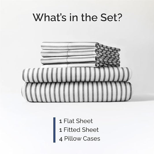 CGK Linens Full 6 Piece Sheet Set - Cooling Sheets for Hot Sleepers - Hotel Luxury Bedding Set with 8-16 Inch Deep Pockets - 1 Flat & 1 Fitted & 4 Pillowcases - Soft and Wrinkle Free - Grey Stripes