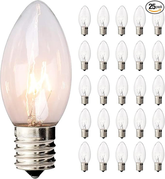 25 Pack C9 Clear Incandescent Bulbs, C9 Christmas Light Bulbs Replacement Light Bulb, 7 Watt Night Light Bulbs C9/E17 Intermediate Base, Candle Light Bulb