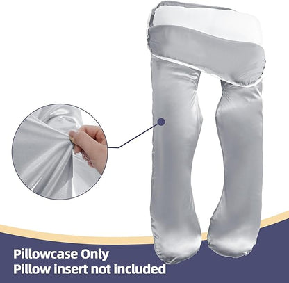 Silky Satin Pregnancy Pillow Cover (ONLY Pillowcase), U Shaped Luxurious Smooth Maternity Pillow Cover, Soft & Breathable Large Pillow Protector with Hidden Zip for Side Sleeper,Light Grey