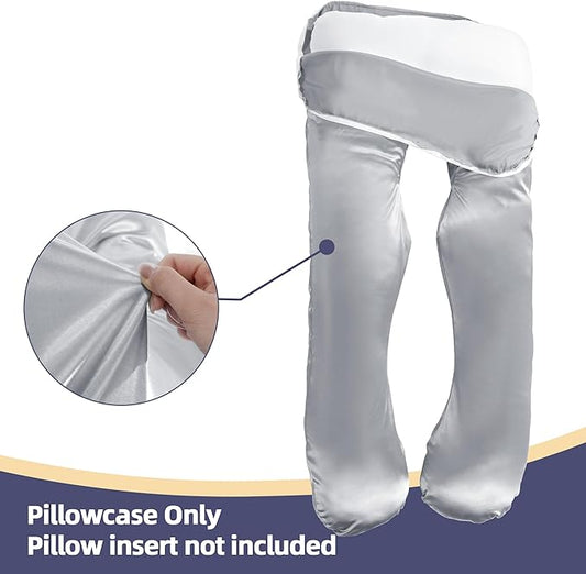 Silky Satin Pregnancy Pillow Cover (ONLY Pillowcase), U Shaped Luxurious Smooth Maternity Pillow Cover, Soft & Breathable Large Pillow Protector with Hidden Zip for Side Sleeper,Light Grey