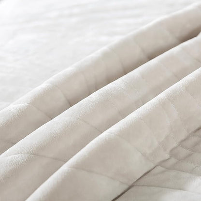 HoneiLife Quilt Set Queen Size - Velvet Quilt Sets 3-Pieces, Stripe Bedspread for Queen Beds, Queen Quilt Bedding Sets All Season Quilts- Nature White
