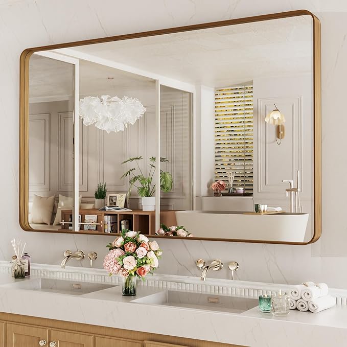LOAAO 60X36 Inch Bathroom Mirror with Wood Grain Colored Metal Frame, Rounded Rectangle Metal Framed Bathroom Mirror, Anti-Rust, Hangs Horizontally or Vertically, Tempered Glass