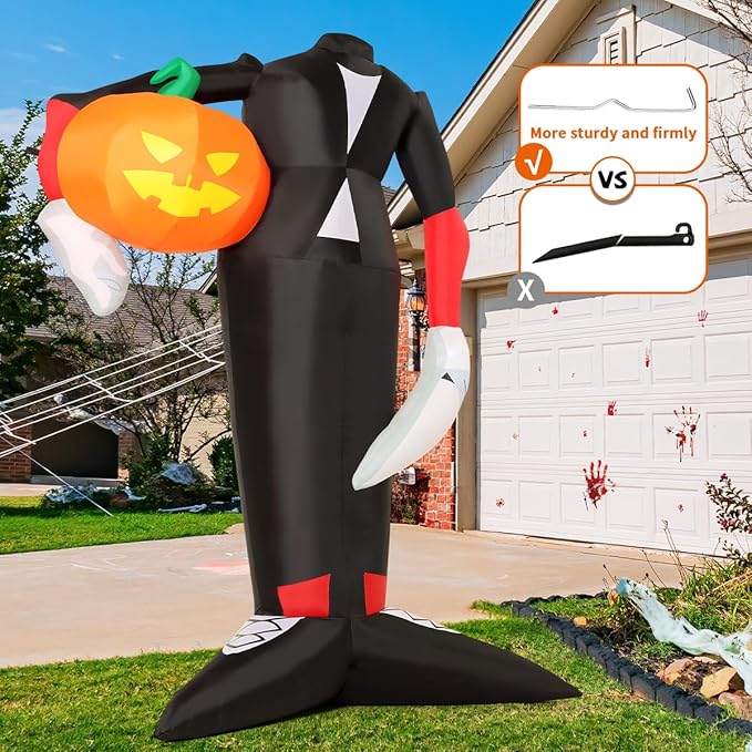 COMIN 6.6 FT Tall Halloween Inflatables Pumpkin Headless Killer Outdoor Decoration Blow Up Holding Pumpkin Inflatable with Built-in LED Lights for Halloween Party Front Door Window Garden Decor
