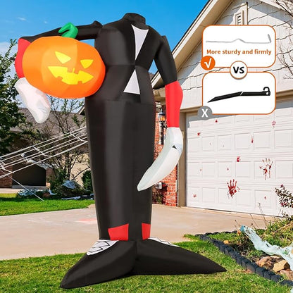 COMIN 6.6 FT Tall Halloween Inflatables Pumpkin Headless Killer Outdoor Decoration Blow Up Holding Pumpkin Inflatable with Built-in LED Lights for Halloween Party Front Door Window Garden Decor