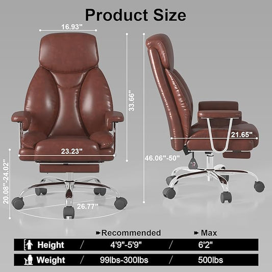 Big and Tall Office Chair, Ergonomic Leather High Back Executive Computer Desk Chair with Retractable Footrest and Padded Arms, 360°Swivel Free, 90-135°Reclining, 500lbs Wide Seat, Brown