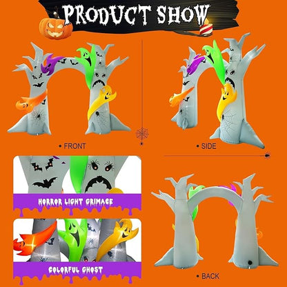 14FT Length X 10FT Tall Halloween Archway Inflatable Tree with 4 Colorful Ghosts, Blow Up Tree Inflatables Arch Built-in 15 Led Lights for Halloween Inflatable Outdoor Decorations