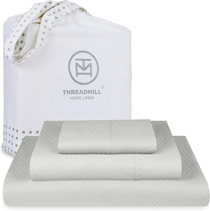Threadmill Twin Sheets for Twin Mattress | 800 Thread Count Jacquard Celine Light Grey Sheets | 100% Cotton 3 Piece Bed Sheets | Extra Long Staple Cotton | Cotton Sheets with Elasticized Deep Pocket