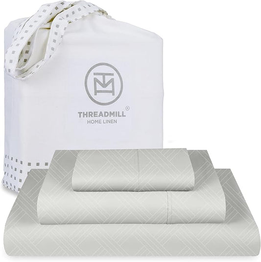 Threadmill Twin Sheets for Twin Mattress | 800 Thread Count Jacquard Celine Light Grey Sheets | 100% Cotton 3 Piece Bed Sheets | Extra Long Staple Cotton | Cotton Sheets with Elasticized Deep Pocket