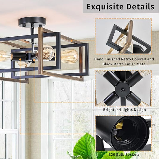 Industrial Flush Mount Ceiling Light Fixture, 4-Light Modern Metal Square Farmhouse Black Retro Close to Ceiling Lights Sloped Chandelier Lighting for Bedroom Hallway Living Room Kitchen Foyer